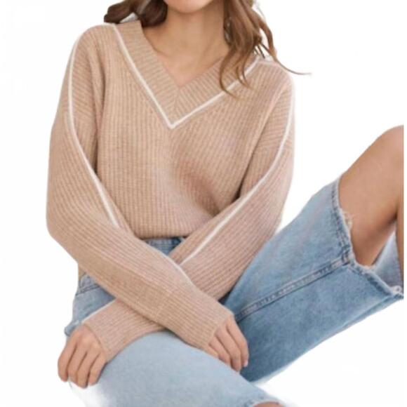 NEW AUTUMN CASHMERE shaker knit sweater with contrast piping in buckwht